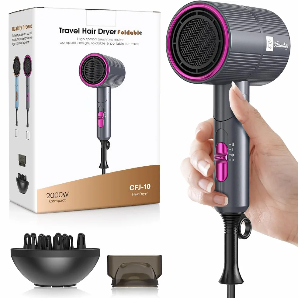 Secador de Pelo Iónico Amurhey con Flujo de Aire de 24 m/s– Ligero y Plegable (aprox. 250 g) – Secador de Viaje de 2000 W con Difusor y Concentrador – Hair Dryer con 110,000 RPM Motor Sin Escobillas
