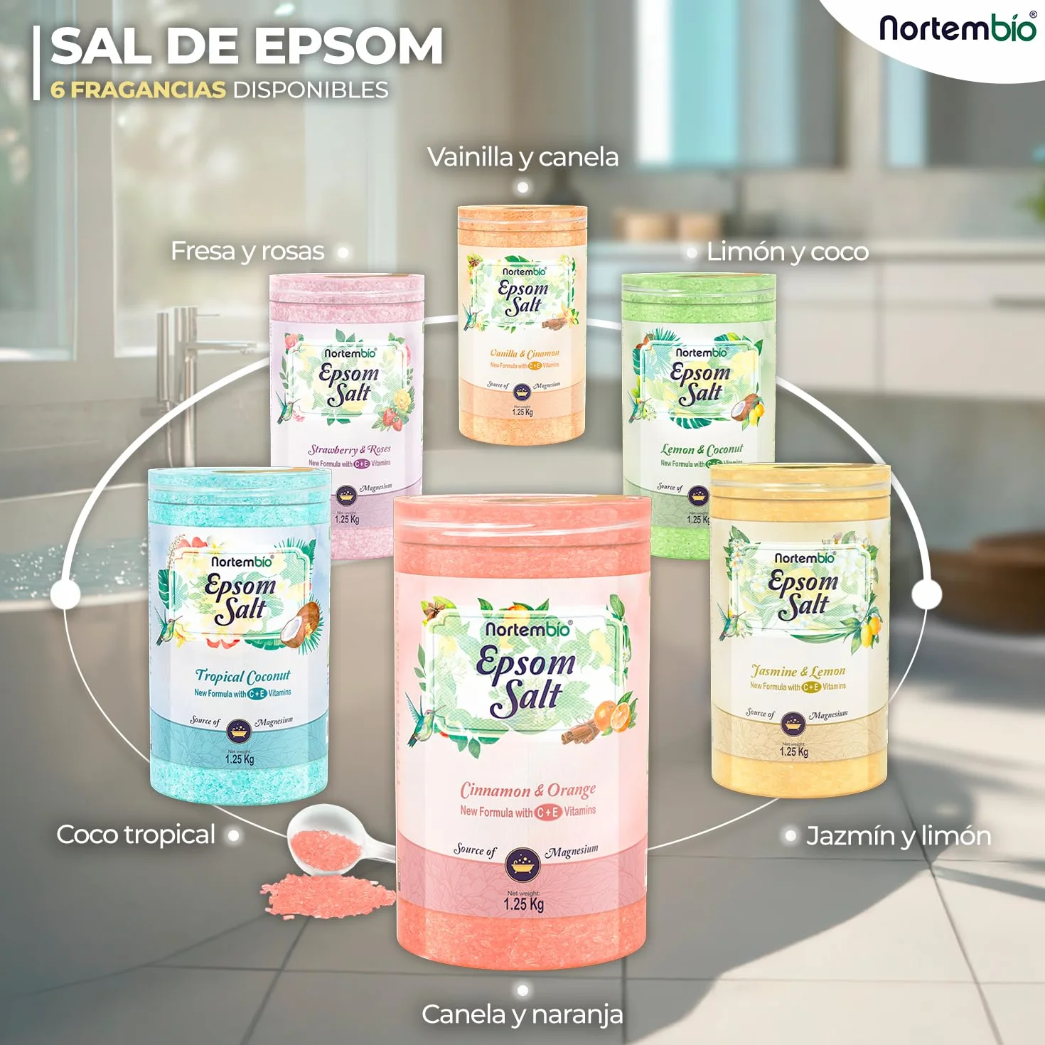 Nortembio Sales de Epsom con Fragancias 3 kg Sal de Magnesio Premium para Baño Relajante y Cuidado Muscular, Ideal para SPA en Casa + eBook de Regalo (Coco Tropical)
