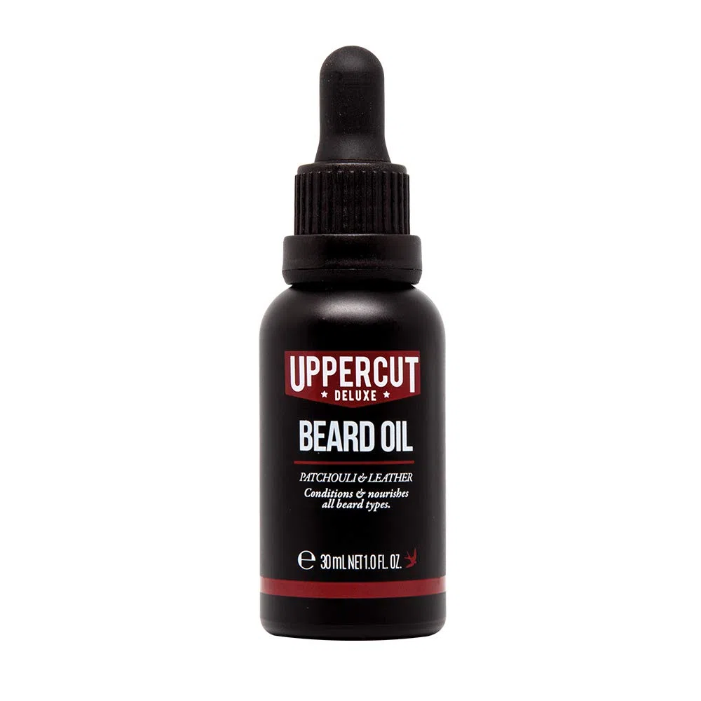 Uppercut Deluxe Aceite para Barba, Acondicionador Ligero para Barba con Aceites Esenciales para Nutrir la Barba, Aplicación Suave y Acabado Ligero, Fragancia a Pachulí y Cuero, 30ml
