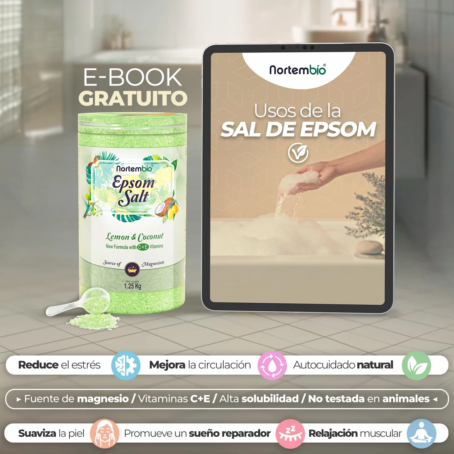 Nortembio Sales de Epsom con Fragancias 3 kg Sal de Magnesio Premium para Baño Relajante y Cuidado Muscular, Ideal para SPA en Casa + eBook de Regalo (Coco Tropical)