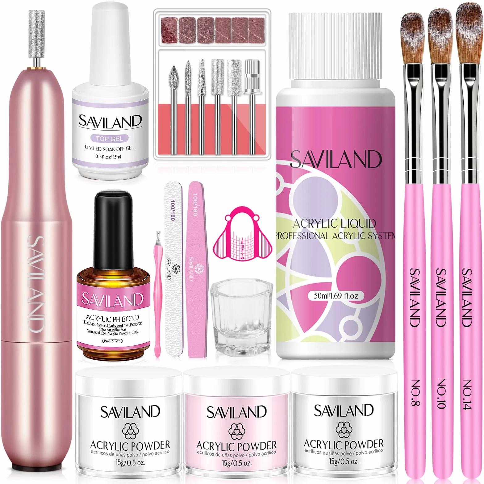Saviland Kits De Uñas AcríLicas Para Principiantes: Polvo AcríLico Rosa Blanco Transparente, Cepillo De Uñas Líquido AcríLico, Taladro Eléctrico Para Uñas, Imprimación Para Uñas