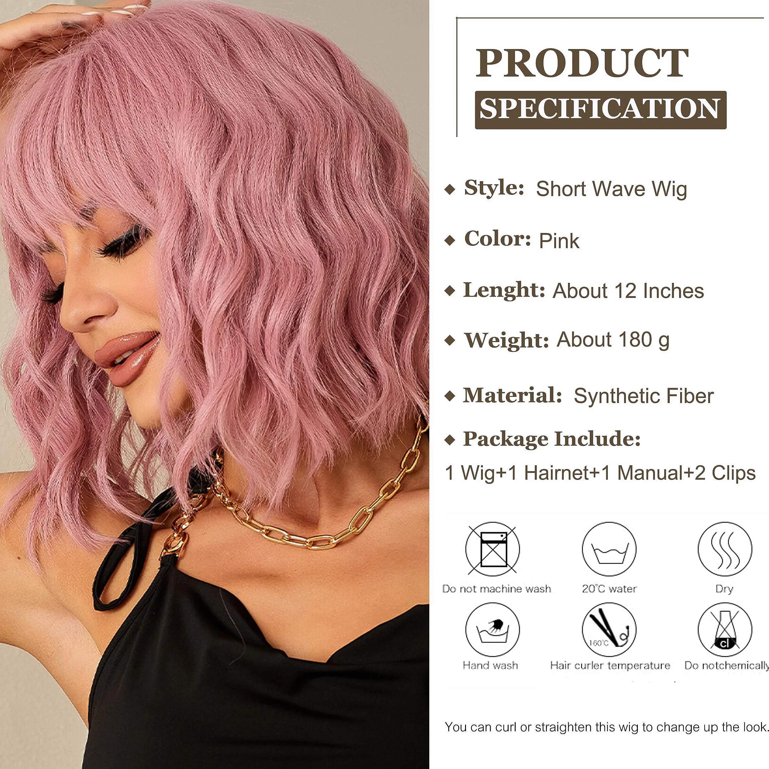 Esmee Peluca Bob Rosa Ondulada Corta para Mujeres Pelucas de Cabello Sintético Natural con Flequillo para Uso en Fiestas Cosplay -12 Pulgadas