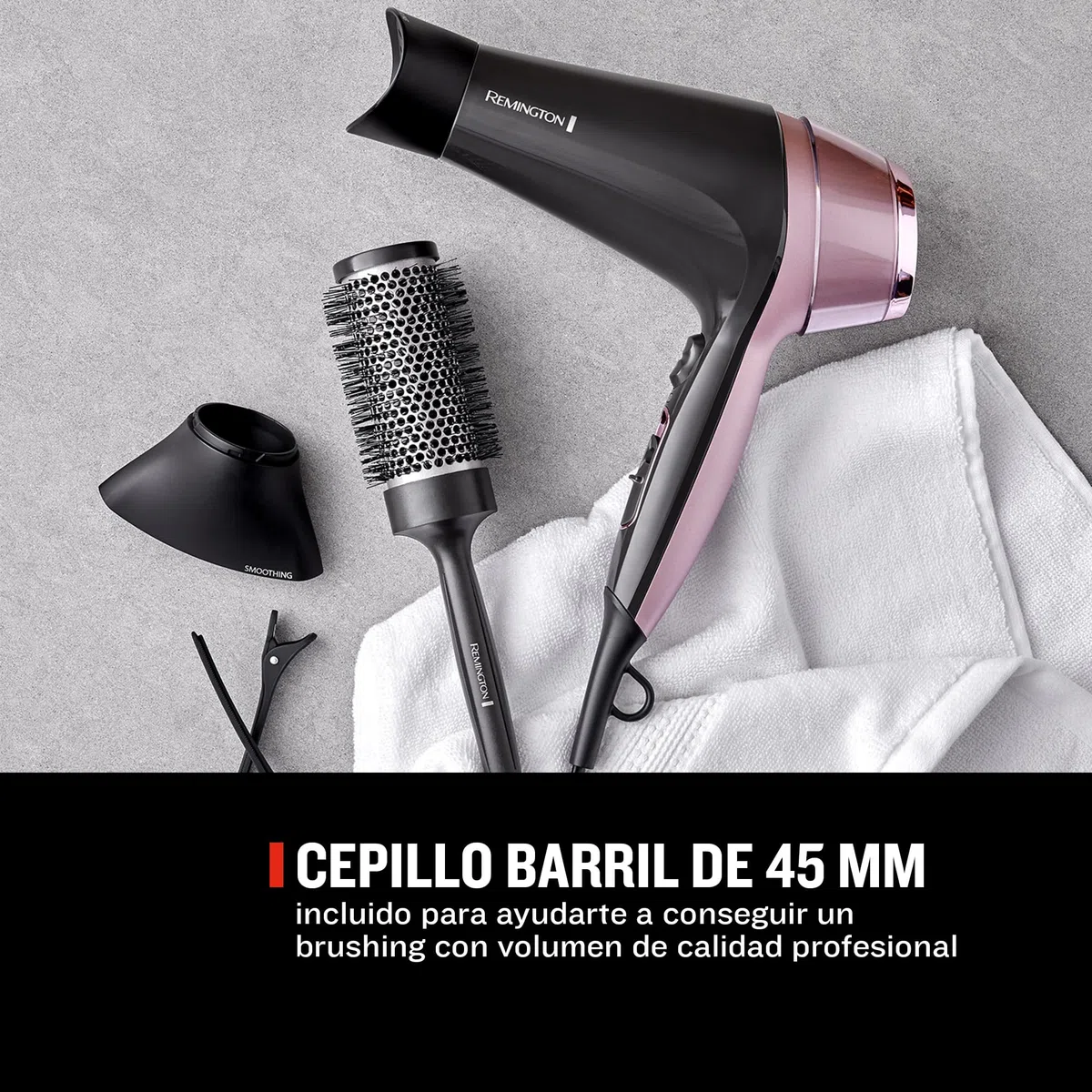 Remington Secador de Pelo Curl & Straight Confidence, 2 en 1 Alisa y Riza, Iónico, 2200 W, 2 Concentradores, 1 Difusor y Cepillo de Barril, 3 Temperaturas, 2 Velocidades, Color Negro Y Rosa, D5707