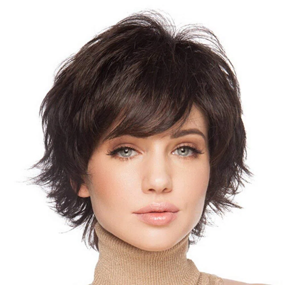 HAIRCUBE pelucas de pelo corto para mujeres con flequillo peluca de cabello humano natural Castaño