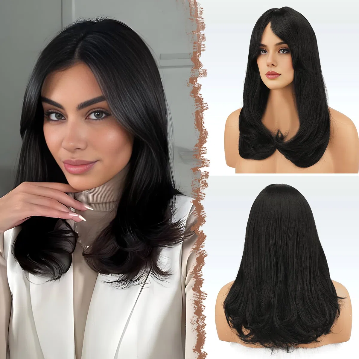 FESHFEN Larga Pelucas con Flequillo, Sintética de Cabello Natural Peluca de Pelo para Mujeres, 45 cm Negro