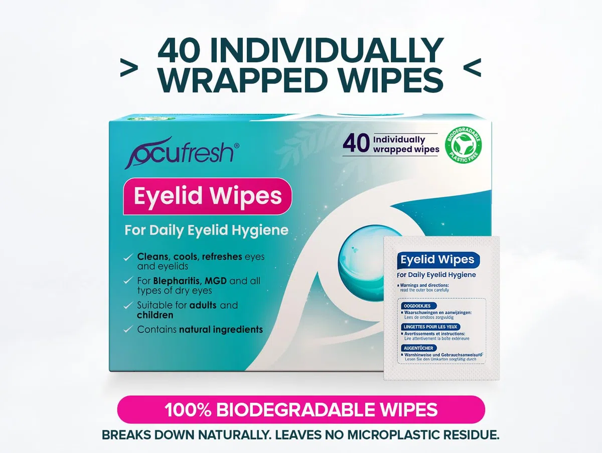 Toallitas para párpados de blefaritis, paquete de 20 unidades envueltas individualmente, removedor de maquillaje natural y alivio para ojos cansados