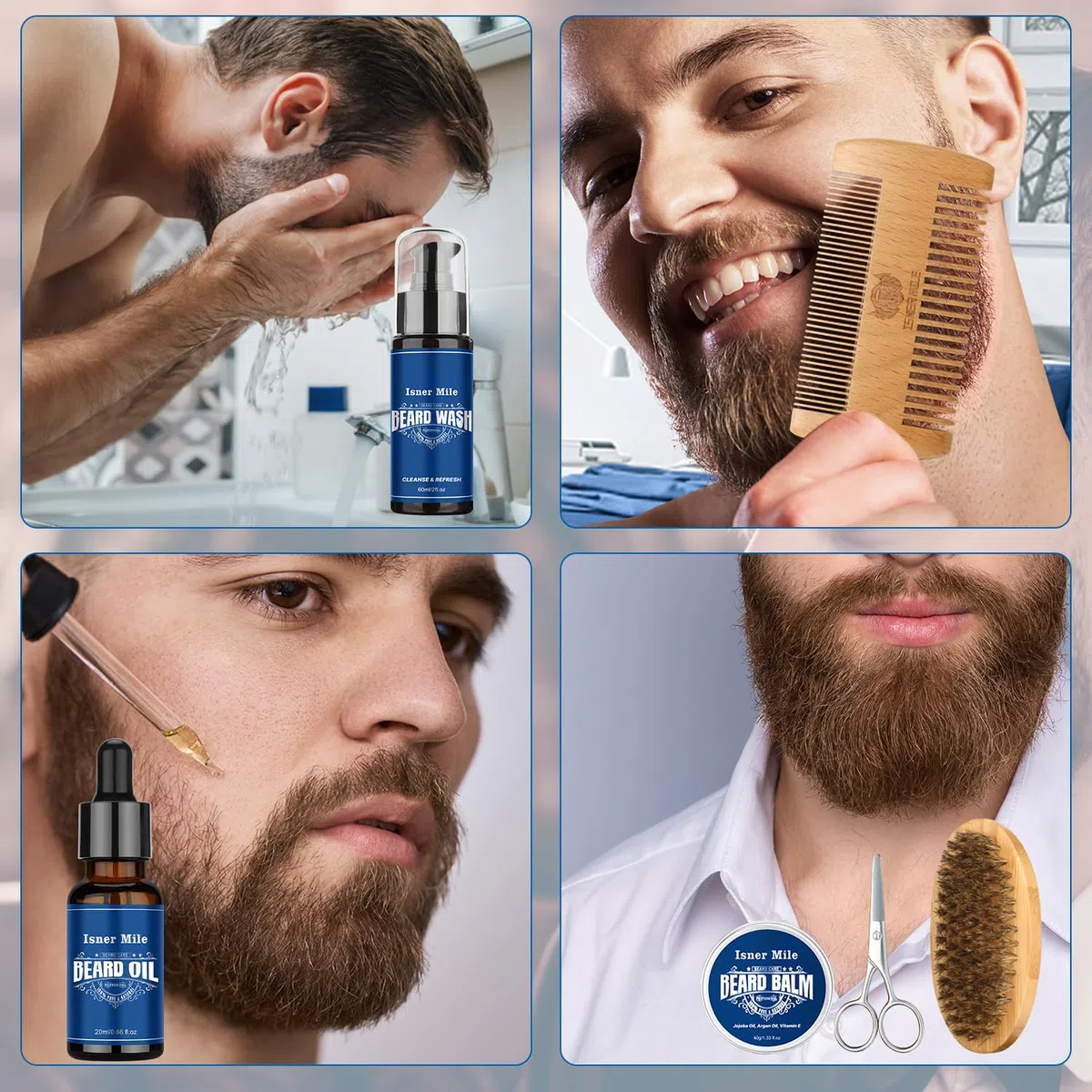 Kit de Barba - Kit de Barba con Aceite para la Barba, Loción para la Barba, Bálsamo para la Barba, Cepillo para la Barba, Peine, Tijeras para la Barba