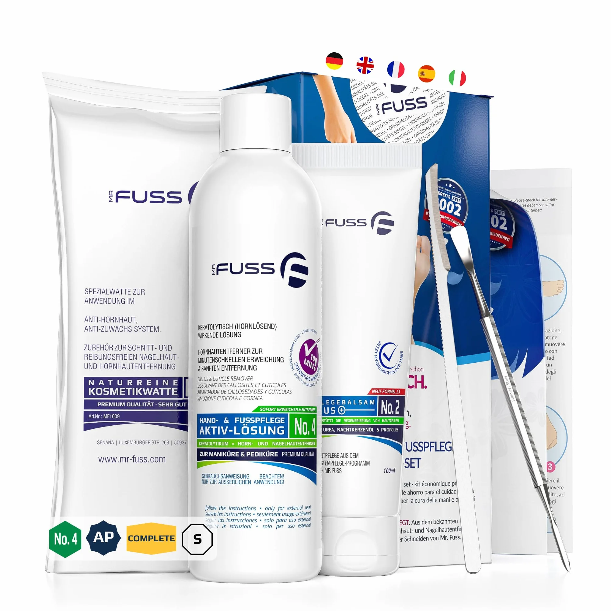 Mr. Fuss Removedor de Callos Solution No. 4 Advanced Pack Steel Quitar las Durezas Sin Raspar ni Frotar Paquete de Sistema de 4 Partes para la Eliminación de Callosidad y Cutícula
