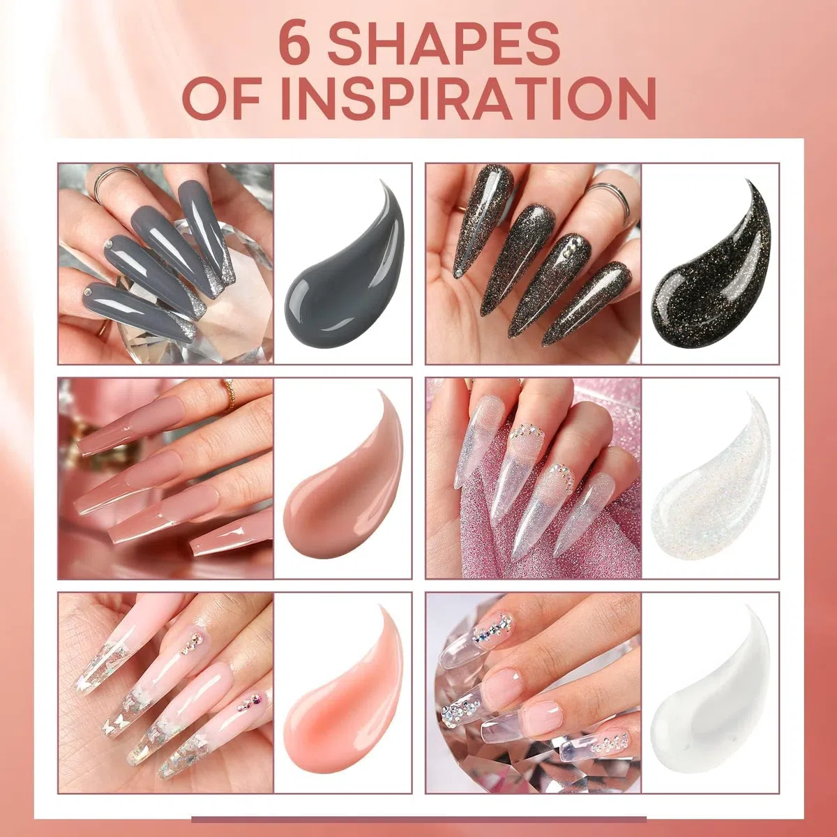 Modelones Polygel Starter Set, 6 Colores Glitter Negra Claro Nude Polygel Set con Base Top Coat Slip Solution Poly Nails Quick Extension Builder Gel Manicura Set para uñas de gel DIY