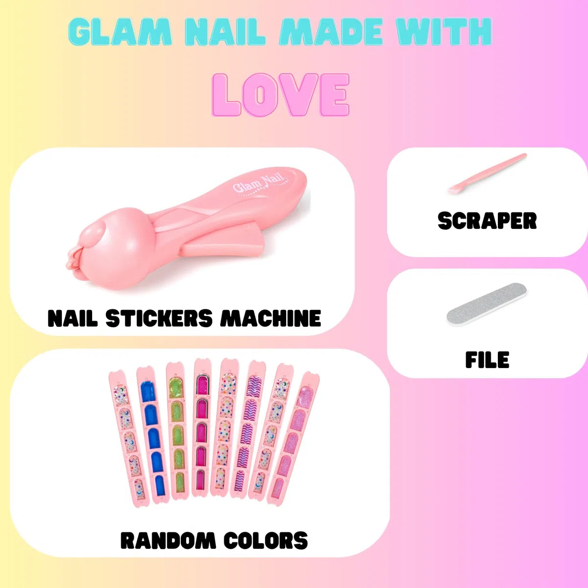 GLAM NAIL - Maquina Uñas Niñas, Kit Pegatinas Para Niña, Set Laminas Manicura, Juguetes Stickers Nails, Recambios Cosas Belleza Infantil, Juegos Con Pintauñas, Regalo Niños 6 7 8 9 10 11 12 Años