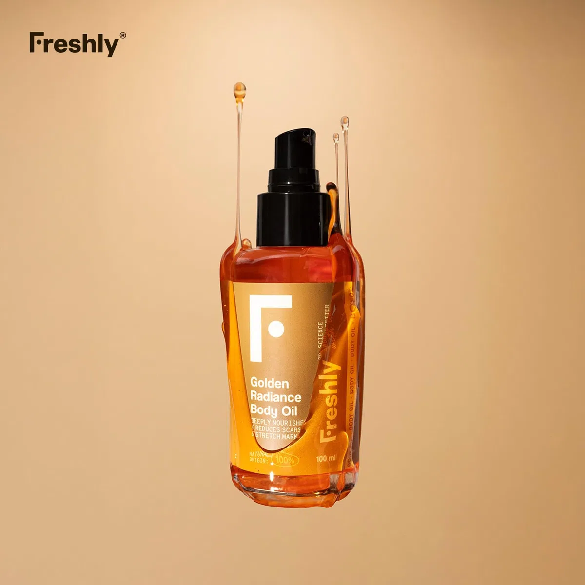Freshly - Aceite Corporal Natural Golden Radiance Body Oil - Hidratante y Reafirmante - Con 12 Aceites Vegetales - Ideal para Estrías y Cicatrices - Apto Embarazo - 100 ml