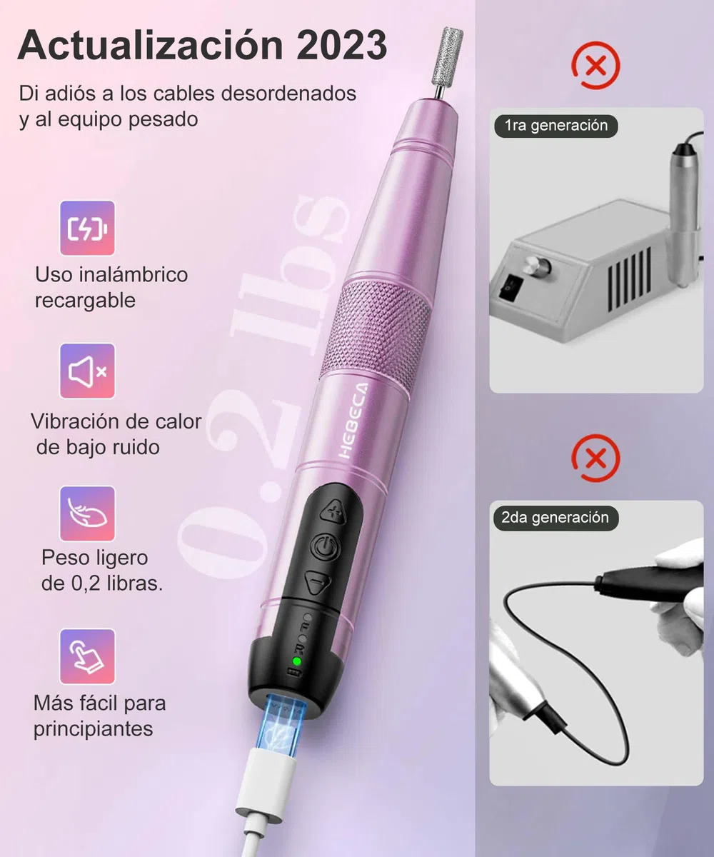 HEBECA Torno para Uñas Profesional - Lima Electrica Uñas 20000RPM - Nail Drill Machine para Uñas de Gel Acrílico Natural Recargable