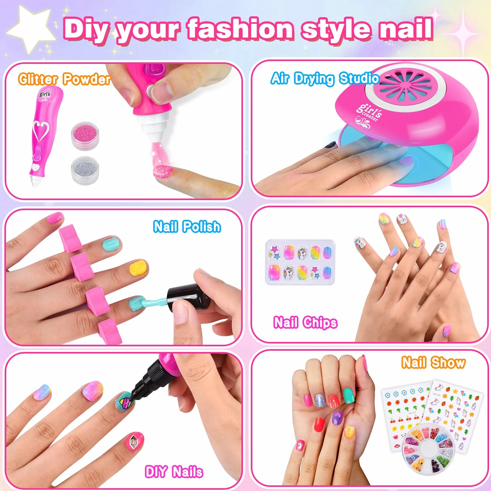 Herenear Set Manicura Niñas, Esmalte de Uñas Secador de Uñas, Juguetes Kit Uñas Niñas, Pegatinas de Uñas Juego Cumpleaños Regalo para Niños Niñas 5 6 7 8 9 10 11 12 Años