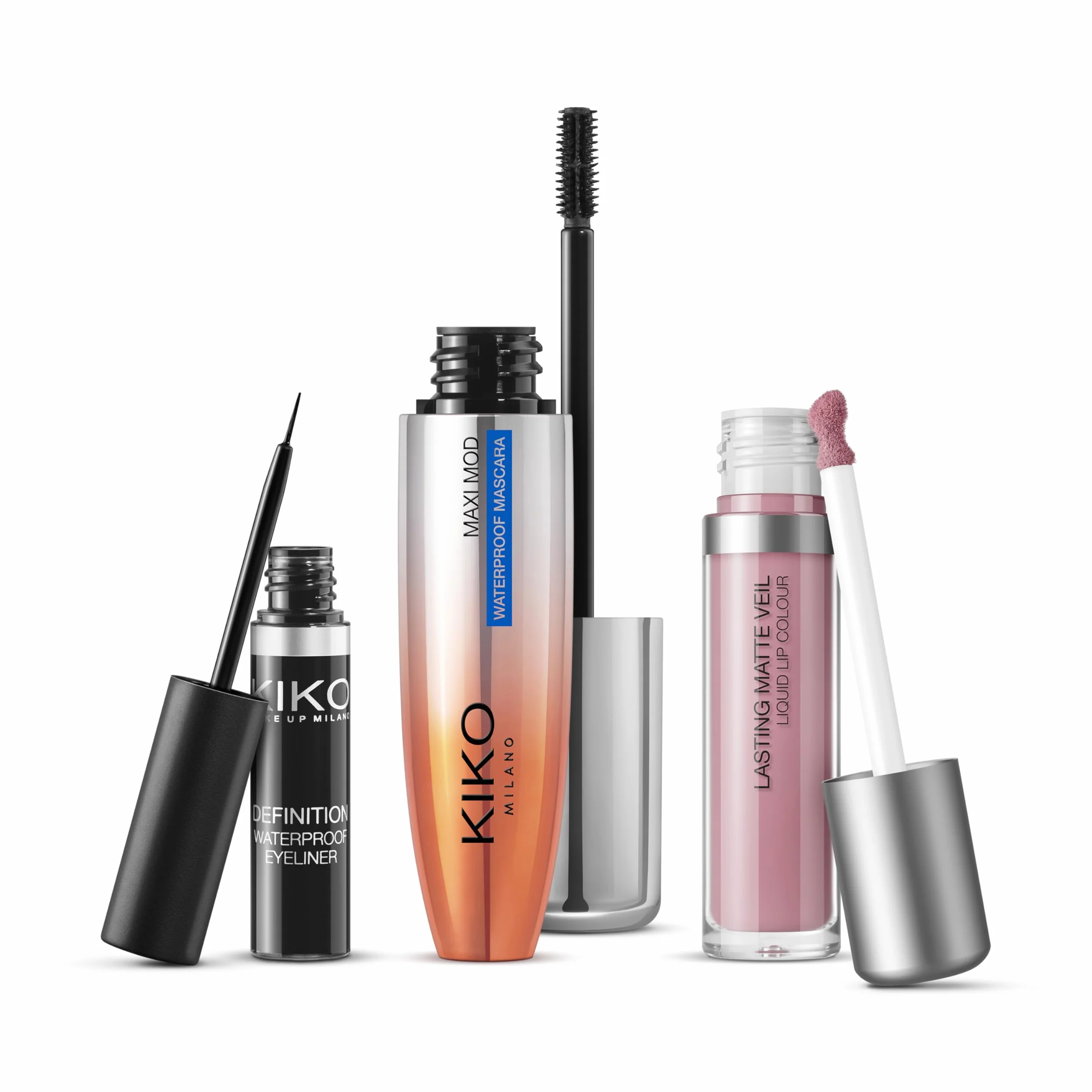 KIKO Milano Unmissable Makeup Set, Kit De Maquillaje: Máscara De Pestañas Y Delineador De Ojos Resistentes Al Agua, Labial Líquido Mate