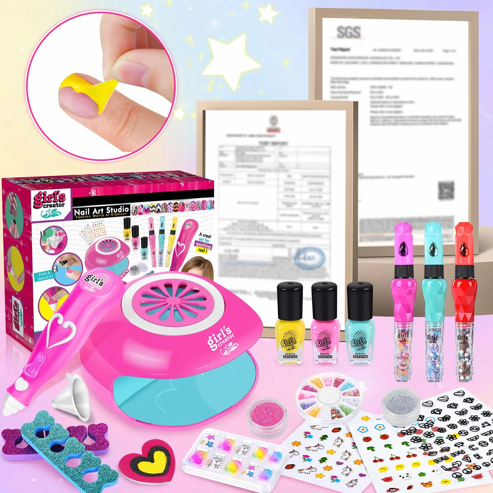 Herenear Set Manicura Niñas, Esmalte de Uñas Secador de Uñas, Juguetes Kit Uñas Niñas, Pegatinas de Uñas Juego Cumpleaños Regalo para Niños Niñas 5 6 7 8 9 10 11 12 Años