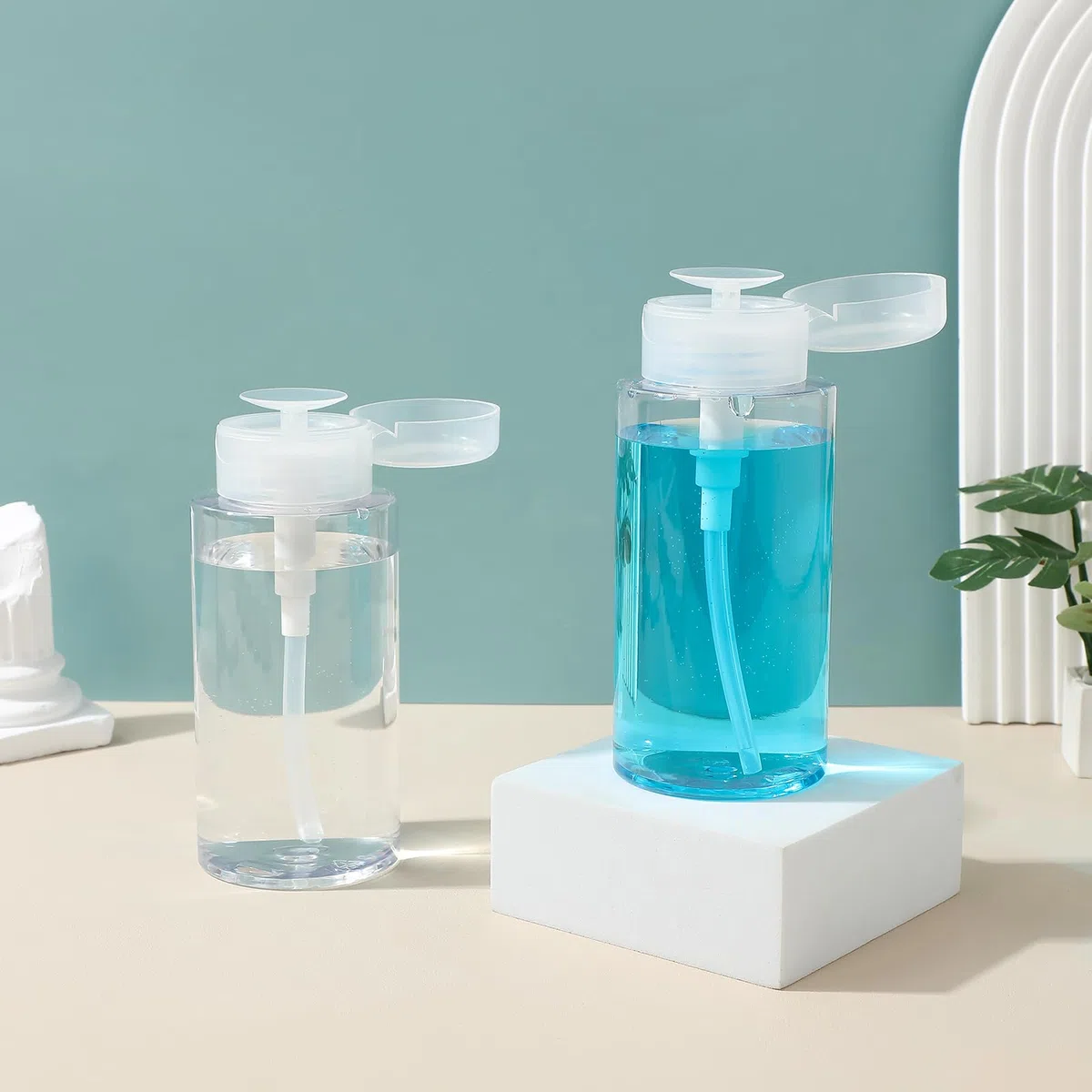 Operitacx 2 Dispensadores con Bomba 300 ml, Botellas Vacías Transparentes para Quitaesmalte, Desmaquillante, Alcohol, Loción y Cosméticos, Envases Recargables para Algodón y Manicura