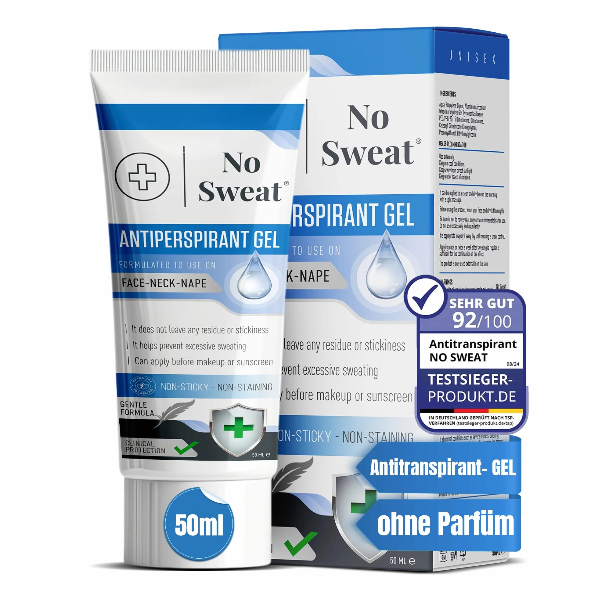 No Sweat Gel antitranspirante facial 50 ml. Para cara, cuello y nuca, ayuda a prevenir el exceso de sudoración y brillo, ideal para trabajo activo y gimnasio