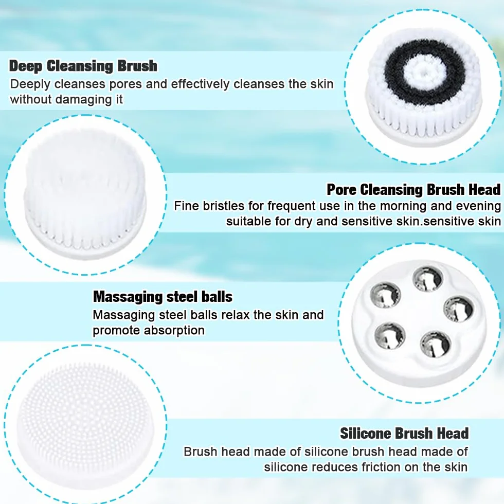 Cepillo de Limpieza Facial, Recargable Limpiador Facial Eléctrico con 4 Cabezales Cepillo facial Masajeador del rostro IPX7 Impermeable Para Todos los Tipos de piel