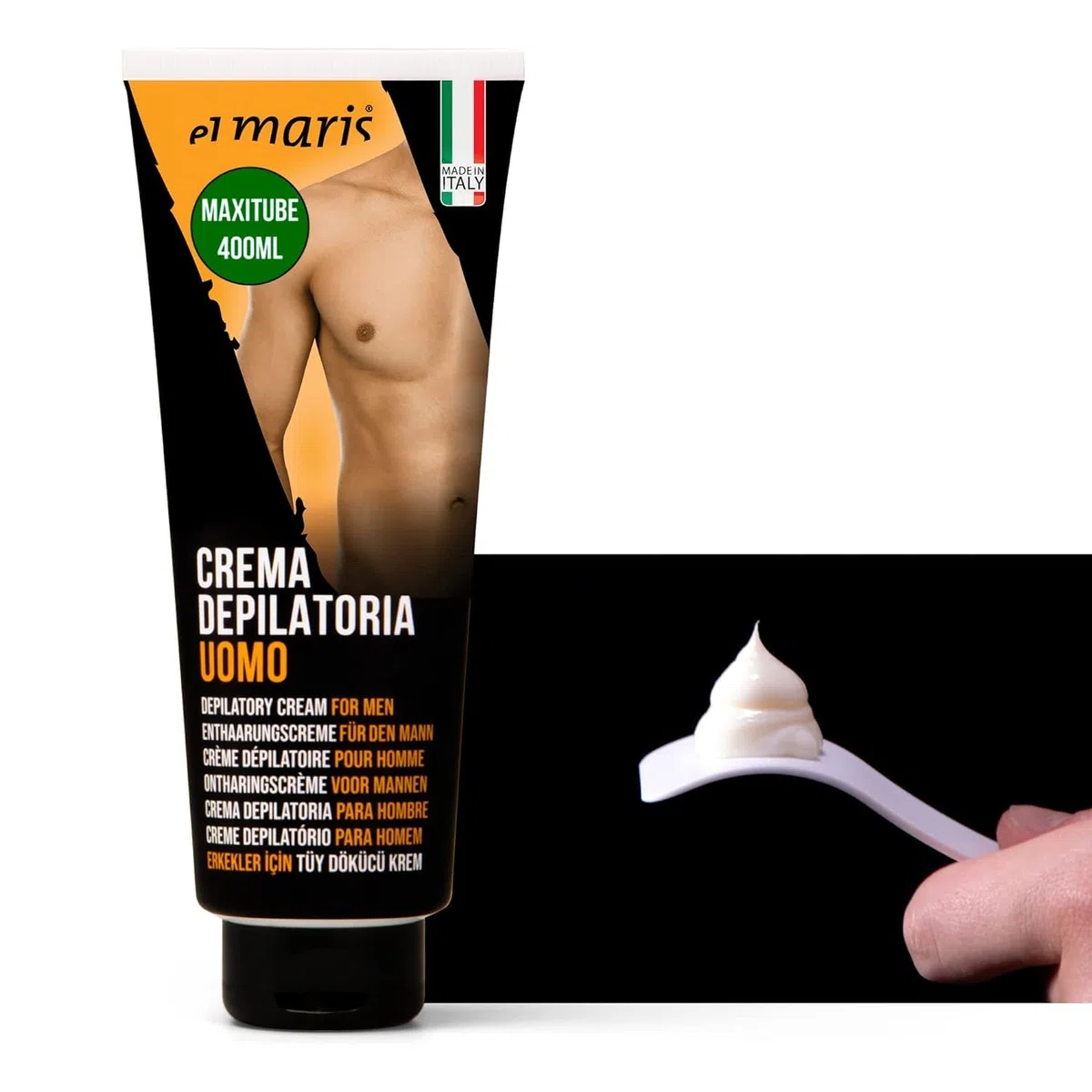 Elmaris - MAXI paquete 400ml Crema depilatoria para hombre ultrarrápida y lenitiva, con Manteca de Karité y Bisabolol. Depilación de las partes íntimas, pecho, espalda, piernas, brazos