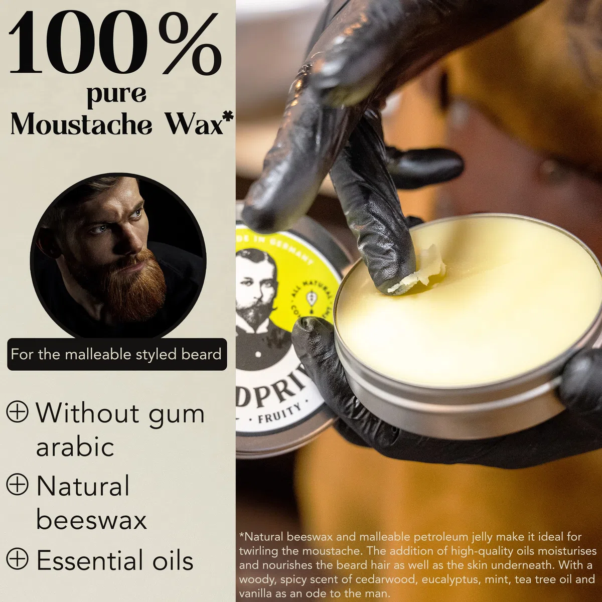 BEARDPRIDE Cera para Barba Hombres - Traditional - Original para Dar Forma al Bigote - a Base de Cera de Abejas - Regalo para Hombres - 55g