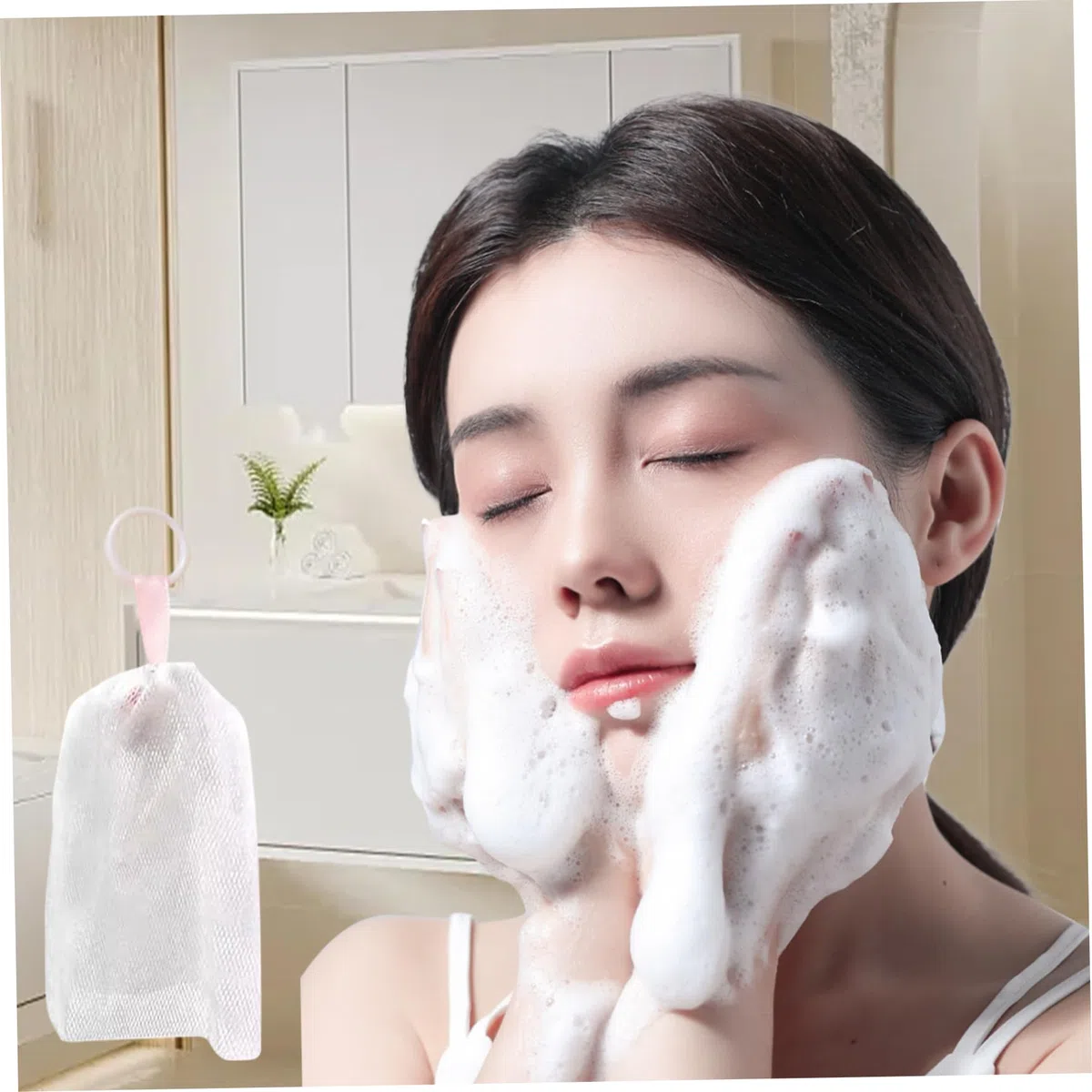 Red de espuma facial, red de espuma de 5 piezas para el lavado de cara, red de jabón suave para la piel con cuerda colgante, red de espuma de limpiador facial, malla exfoliante de espuma de burbujas