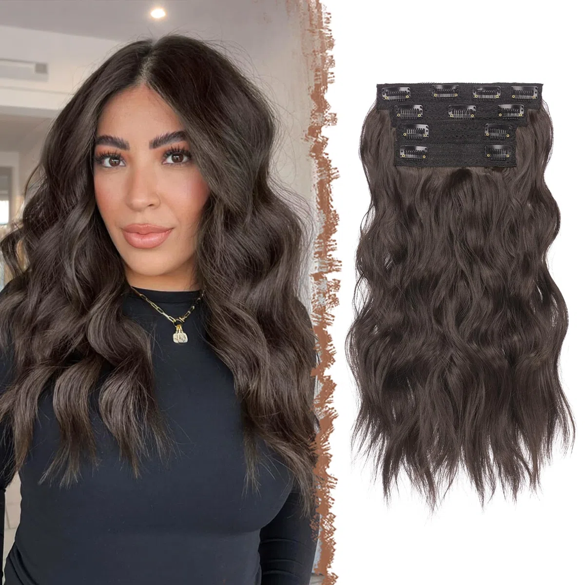 FESHFEN Extensiones de Pelo con Clip Sintéticas Ondulado Natural 40 cm | 4 PCs Postizos Extension Resistentes al Calor para Mujer para Uso Diario Fiestas Eventos, Marrón Negro