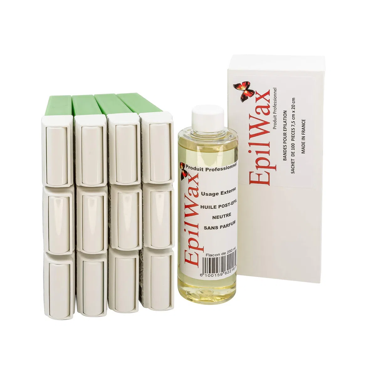 EpilWax - Kit de reposición con: 12 cartuchos Aloè vera Roll-on, 1 paquete de 100 tiras no tejidas para la depilación y 1 botella de 250 ml de aceite neutro para después de la depilación (Aloé vera)