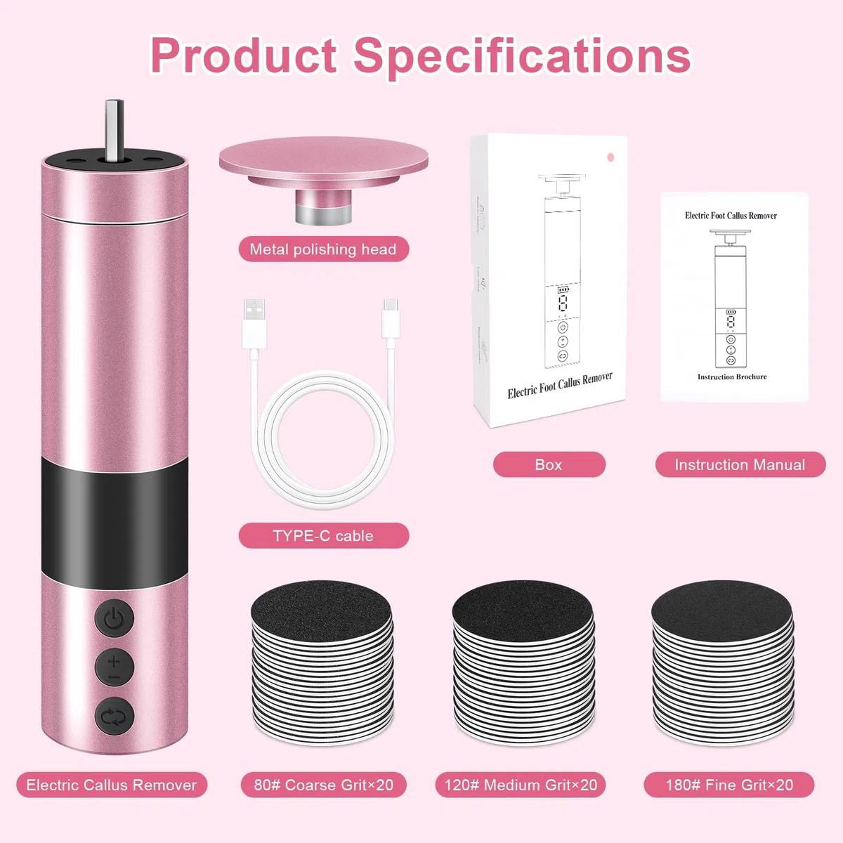 Lima Eléctrica para Pies Recargable 9 Velocidades - Kit de Pedicura Profesional con Piedras de Pulir Reemplazables para Talones Agrietados, Eliminar Callos, Durezas y Piel Muerta (Rosa)