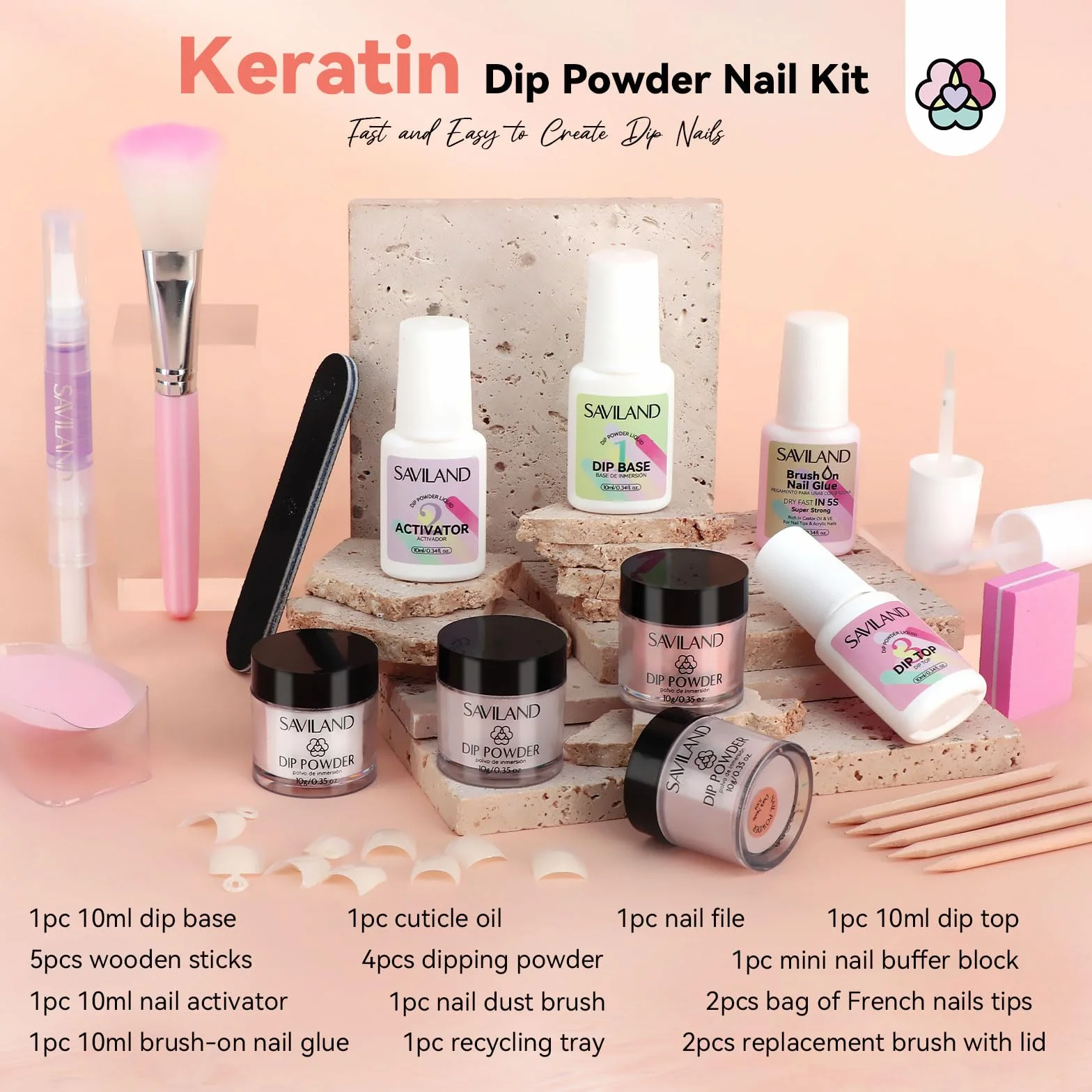 Saviland Dip Powder Nail Kit: 4 Colores de Queratina en Líquido de Polvo de Inmersión con uñas Francesas Consejos y Pegamento Dip Base & Top Coat Uñas Activador (No Necesita Lámparas de Uñas)