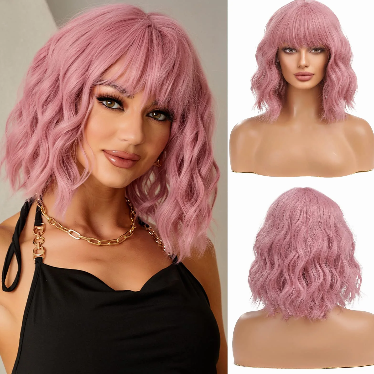 Esmee Peluca Bob Rosa Ondulada Corta para Mujeres Pelucas de Cabello Sintético Natural con Flequillo para Uso en Fiestas Cosplay -12 Pulgadas