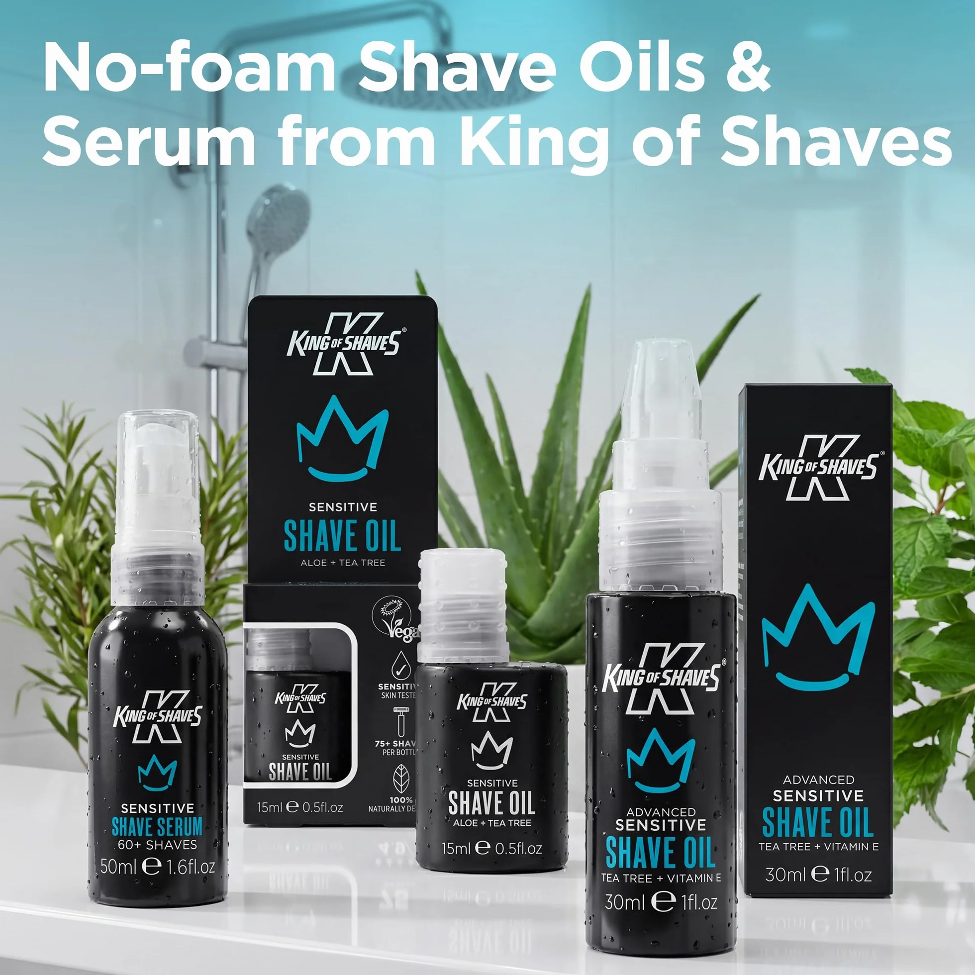 King of Shaves Aceite de Afeitar Sensible para Hombres Pack Cuádruple, Aloe Vera y Árbol de Té, Fórmula Clara Sin Espuma, Reduce Irritación, Vegano, Tamaño de Viaje, 4 x 15ml