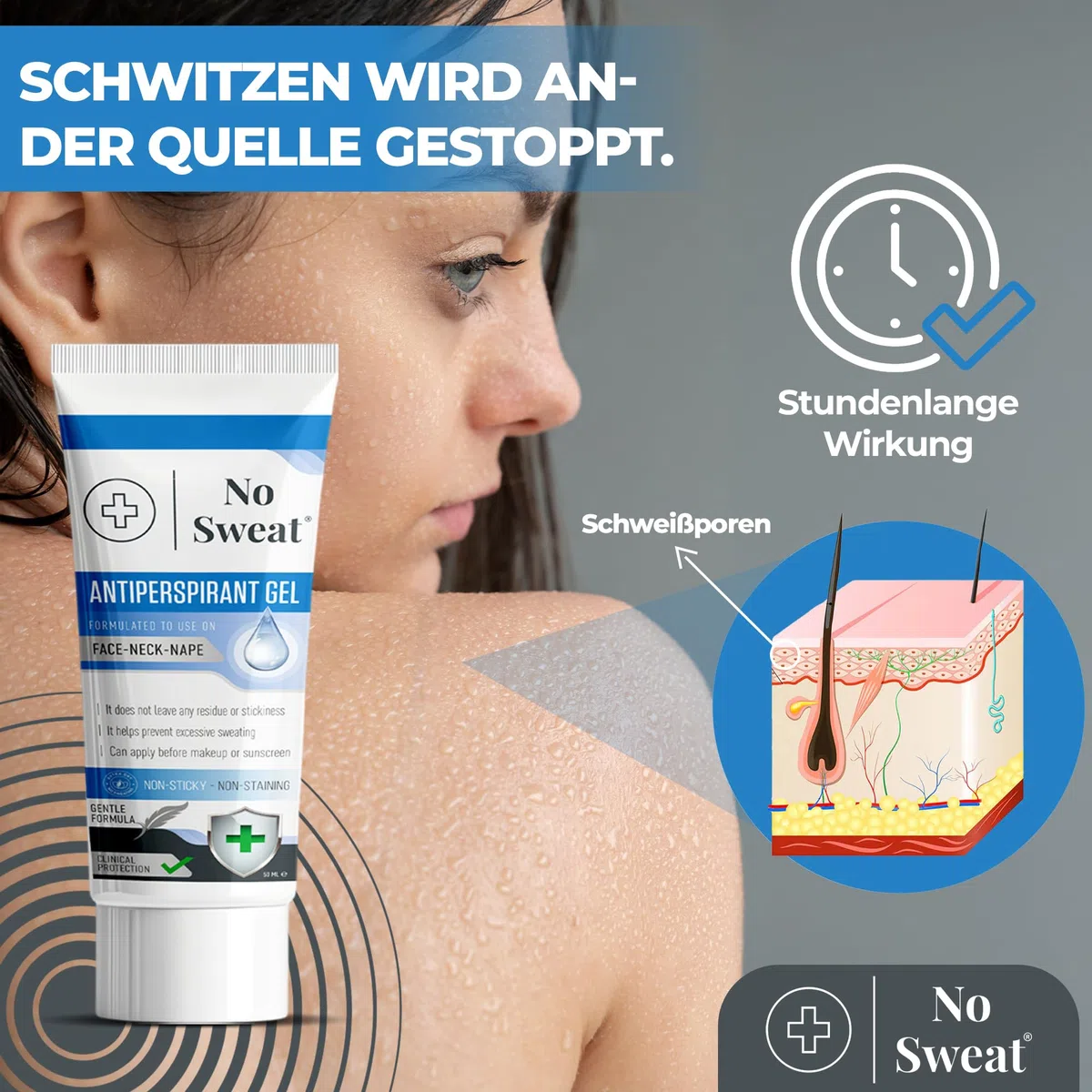 No Sweat Gel antitranspirante facial 50 ml. Para cara, cuello y nuca, ayuda a prevenir el exceso de sudoración y brillo, ideal para trabajo activo y gimnasio