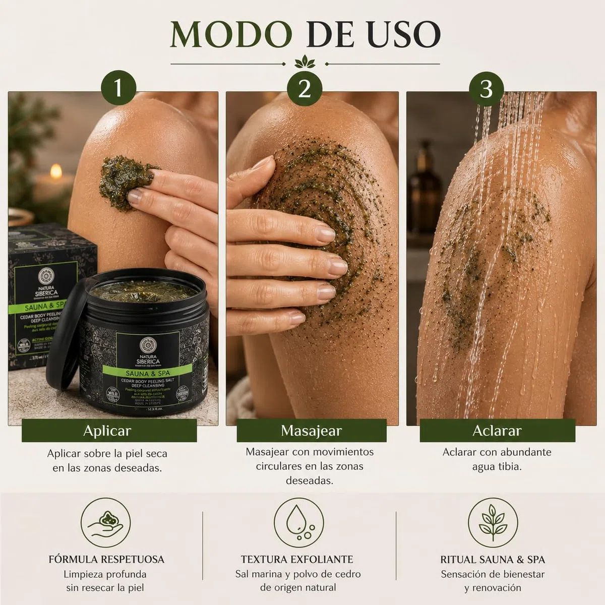 SAUNA&SPA Exfoliante Corporal Detox a Base de Sal con Aceite de Cedro Orgánico y Enebro Siberiano, Peeling Corporal Natural para Suavizar y Purificar la Piel, sin SLS ni Parabenos, 370 ml