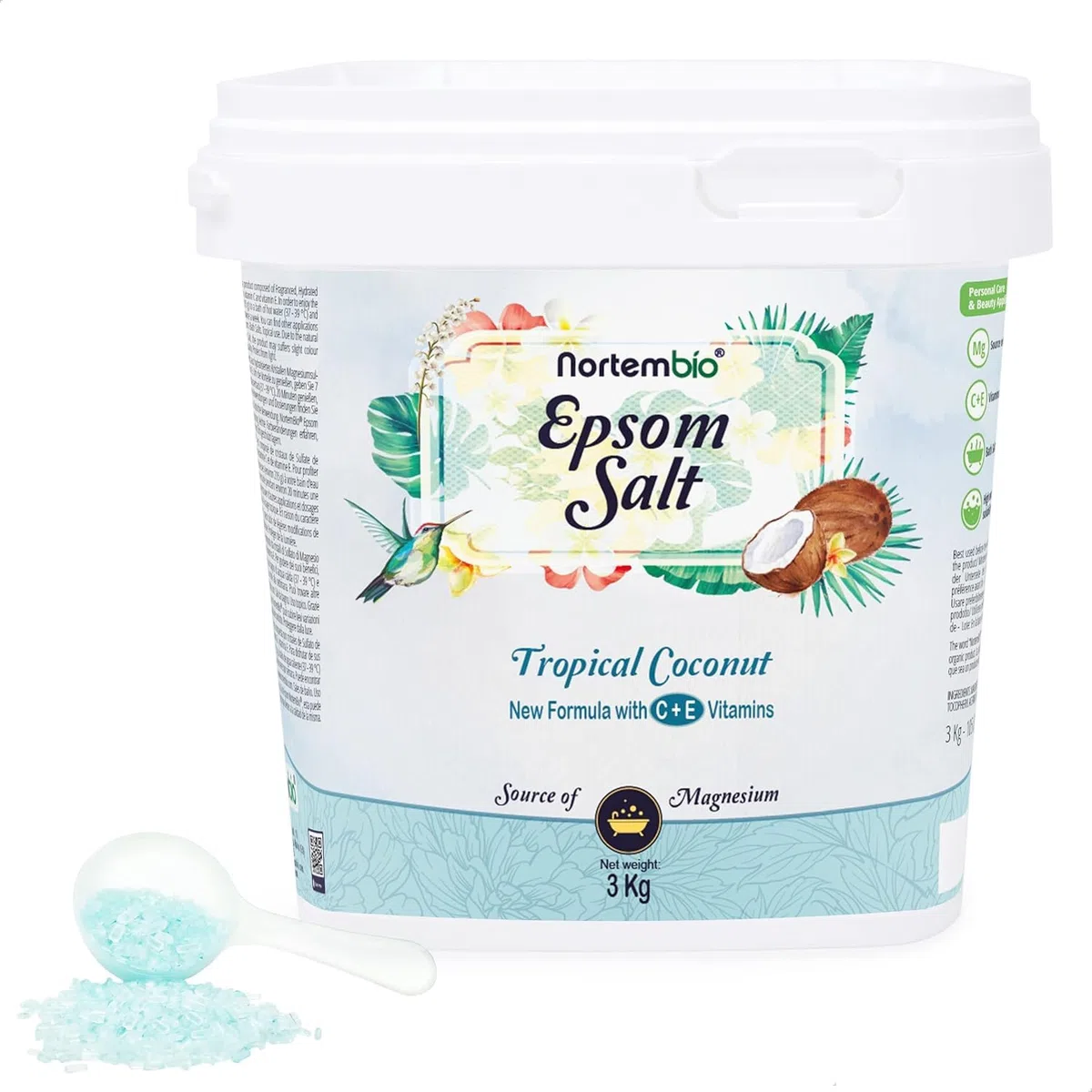 Nortembio Sales de Epsom con Fragancias 3 kg Sal de Magnesio Premium para Baño Relajante y Cuidado Muscular, Ideal para SPA en Casa + eBook de Regalo (Coco Tropical)