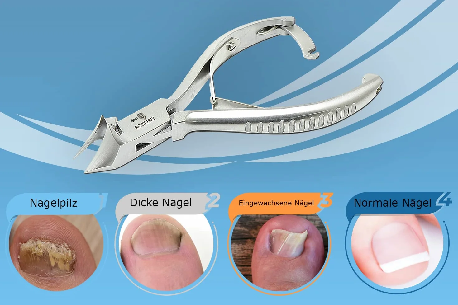 SMI Alicates Cortauñas Profesional para Pies Cabezal Curvo 14 cm, Podología Cortaúñas de Pies para Uñas Gruesas y Encarnadas, Herramienta de Precisión Acero Inoxidable con Bloqueo Niños