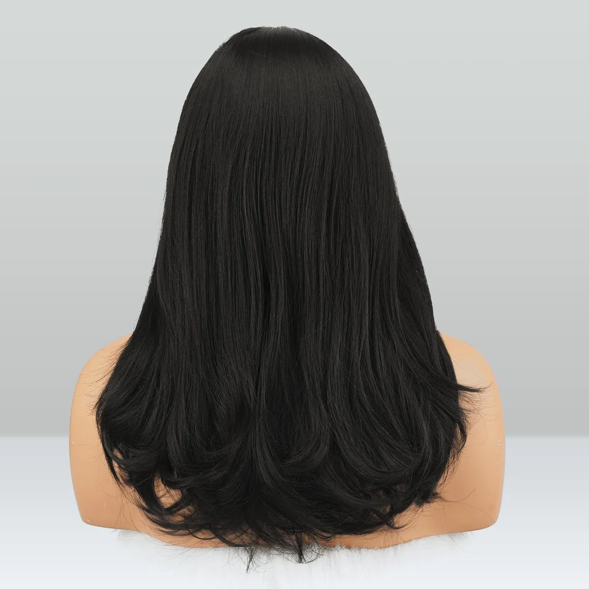 FESHFEN Larga Pelucas con Flequillo, Sintética de Cabello Natural Peluca de Pelo para Mujeres, 45 cm Negro