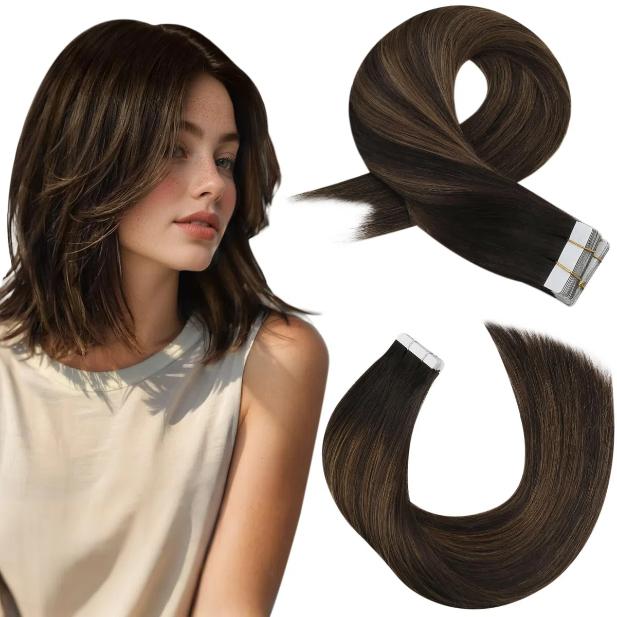 Moresoo Extensiones de Cabello Adhesivas Natural Balayage #2/6/2 Mezcla de Marrón Más Oscuro con Marrón Medio Cabello Humano Extension Adhesivas De Pelo 12 Pulgadas 30Gramo/20Piezas