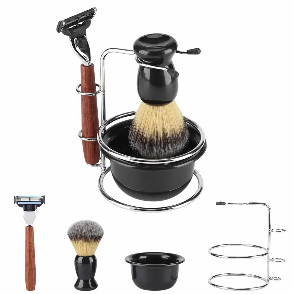 Kit de afeitar de 4 piezas Juego de afeitadora de afeitar Manual de afeitar + Soporte de soporte de acero Stainess + Brocha + Juego de tazón