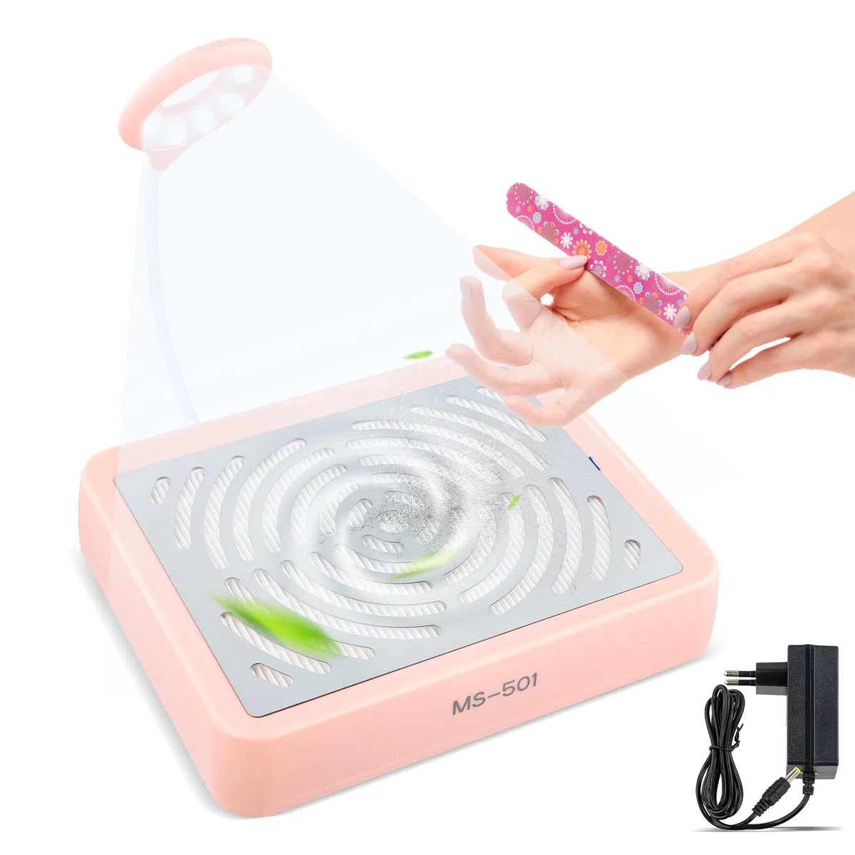 Aspirador Profesional de Uñas con Luz USB, Potente y Silencioso, Colector de Polvo para Manicura y Pedicura, Uso en Casa o Salón de Belleza, Rosa