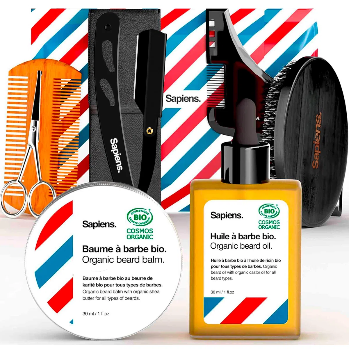 Sapiens Barbershop Kit Cuidado Barba Hombre - Set de Afeitado y Cuidado Barba - Navaja Afeitar Barbero, Aceite barba y Balsamo barba BIO, Peine y Cepillo barba, Accesorios de barbero - Set Regalo