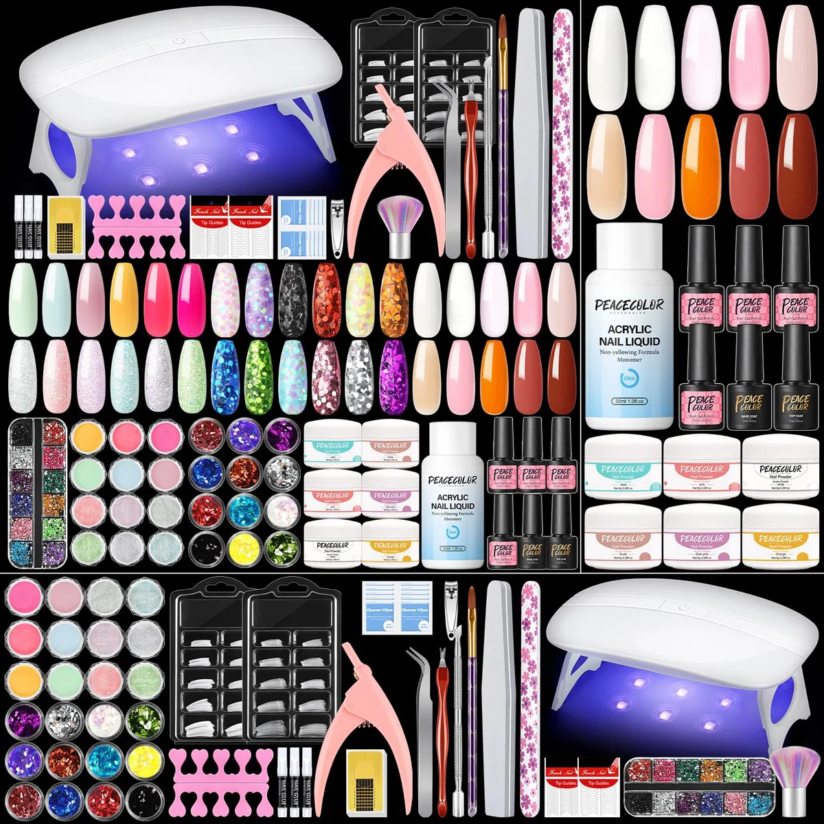 Peacecolor Kit Uñas Acrilicas, 30PCS Acrilico para Uñas Profesional con 30ML Monomero, 4 Colores Pintauñas Semipermanentes con Lampara Uñas, Kit Acrilico Uñas Completo Profesional
