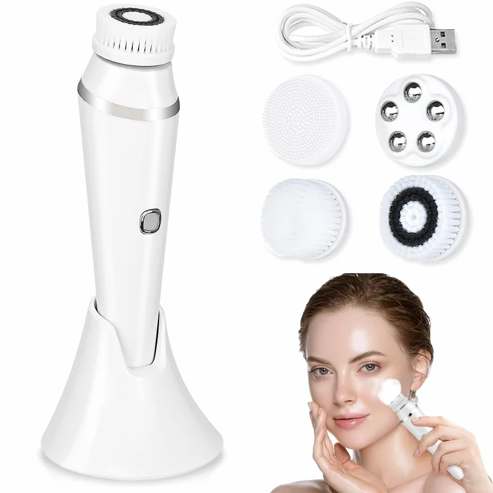 Cepillo de Limpieza Facial, Recargable Limpiador Facial Eléctrico con 4 Cabezales Cepillo facial Masajeador del rostro IPX7 Impermeable Para Todos los Tipos de piel