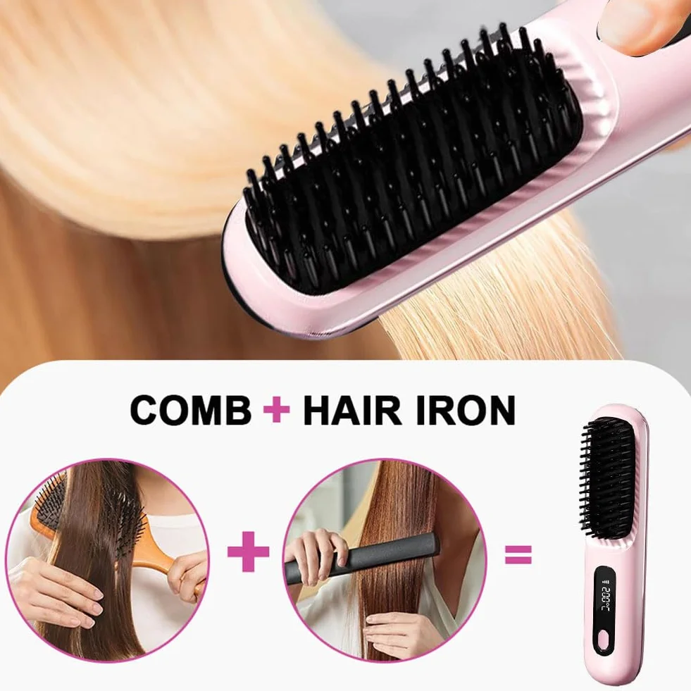 Cepillo eléctrico para el cabello, cepillo alisador inalámbrico, recargable, cepillo calefactor inalámbrico para mujeres y hombres, con pantalla LED, 3 niveles de temperatura, para alisar y rizar