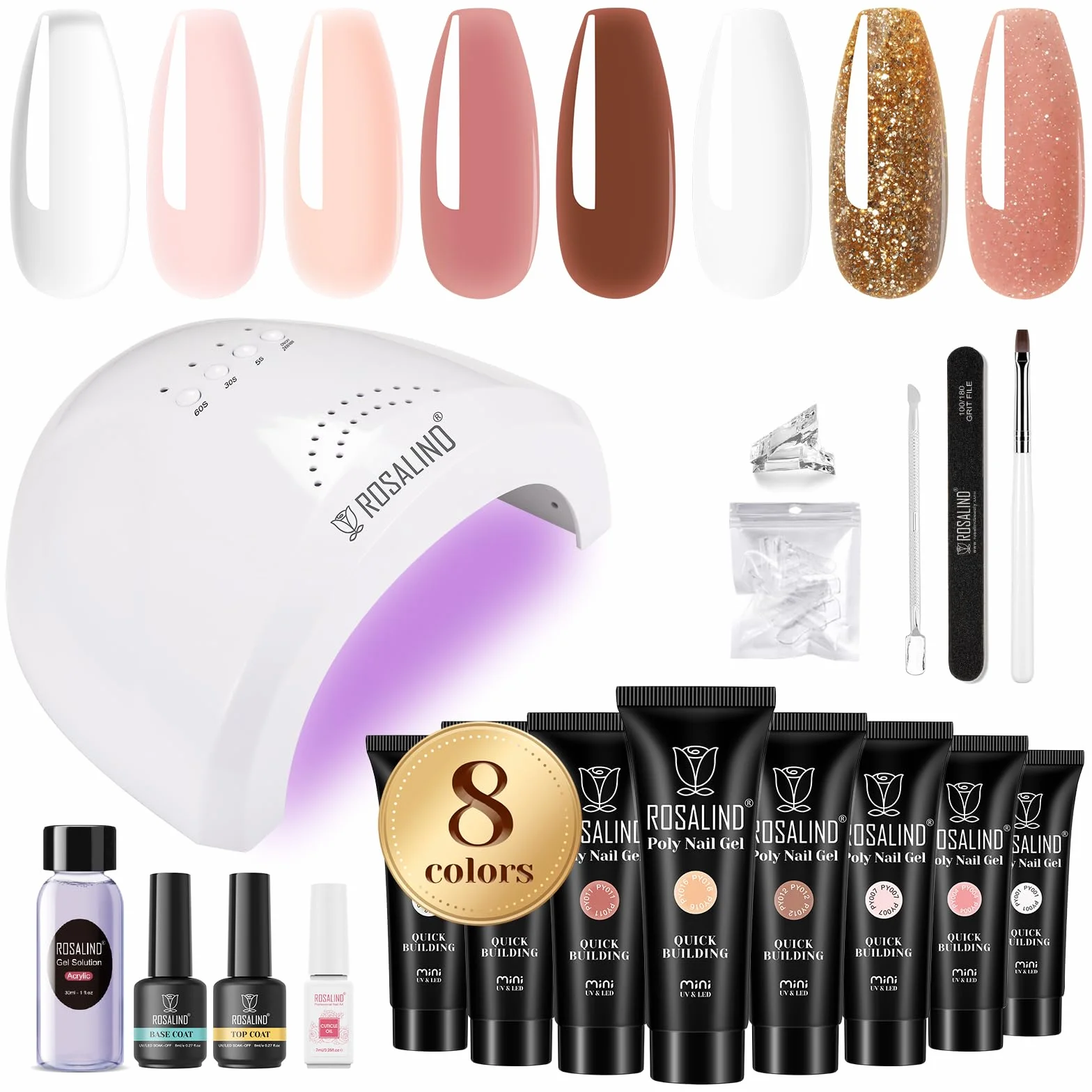 ROSALIND Kit Uñas de Gel, 8 Colores 10ml Gel Extensión de Uñas Kit Completo, con 48W UV Lámpara, Base & Top Coat, Herramientas de Manicura, Nail Art Poligel Kit para Principiantes,Profesionales