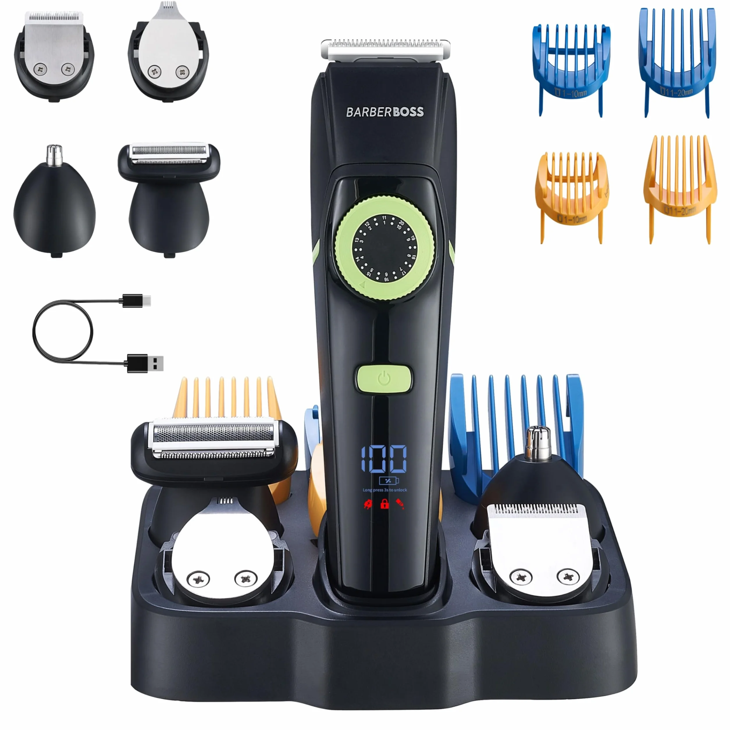 BarberBoss Cortapelos para hombre, kit de cuidado de barba, recortador de vello de orejas y nariz, dial de precisión, cuchilla de cerámica, 4 peines guía, resistente al agua, pantalla LED