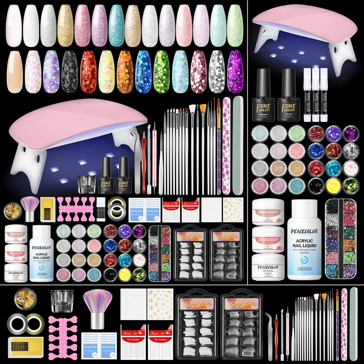 Peacecolor Kit Uñas Acrílicas con 6W Lampara Uñas, 27Pcs Acrilico para Uñas Profesional con 30ml Monomero, Kit de Acrílico Para Extensión de Uñas Acrílicas para Principiantes, Blanco Rosa Nude