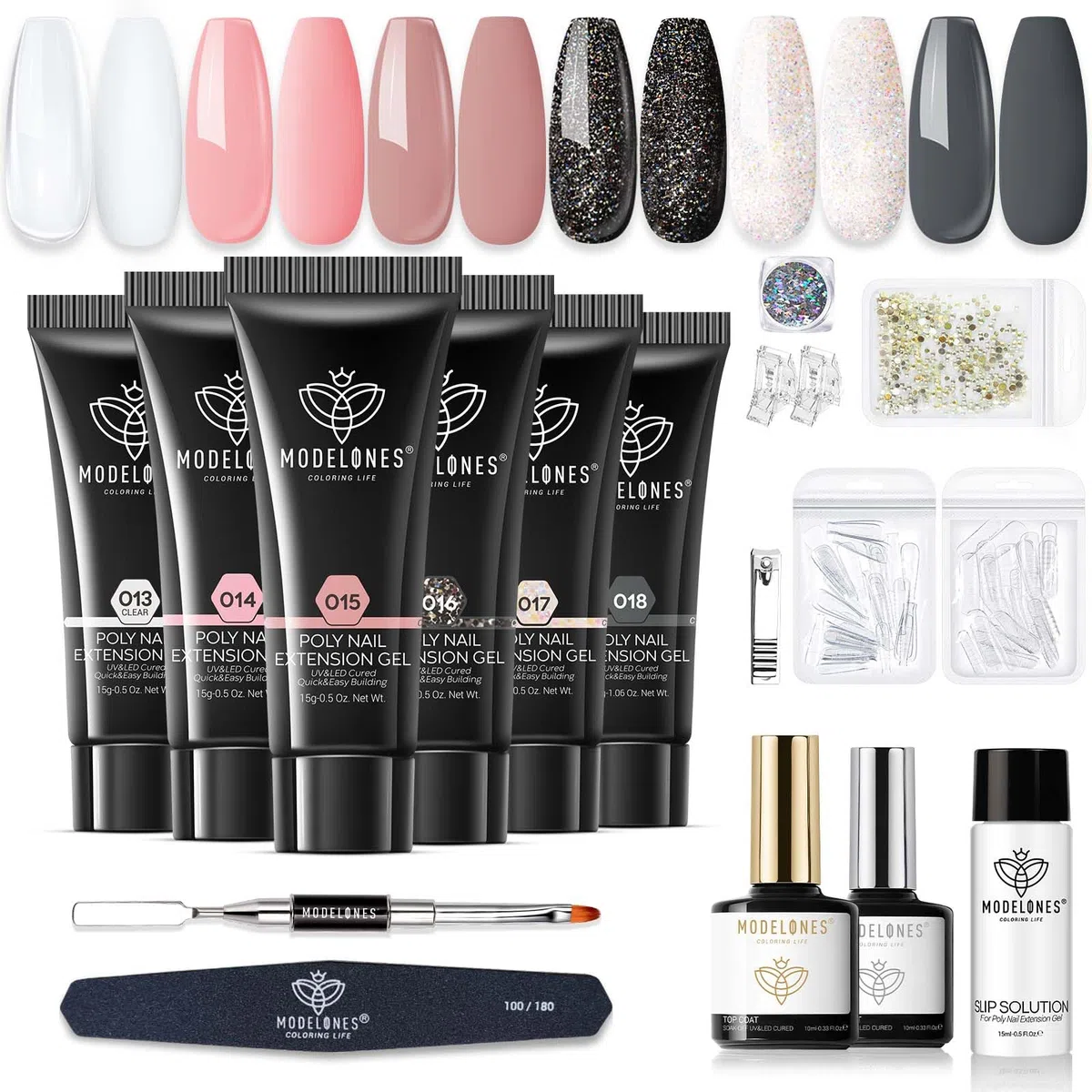 Modelones Polygel Starter Set, 6 Colores Glitter Negra Claro Nude Polygel Set con Base Top Coat Slip Solution Poly Nails Quick Extension Builder Gel Manicura Set para uñas de gel DIY