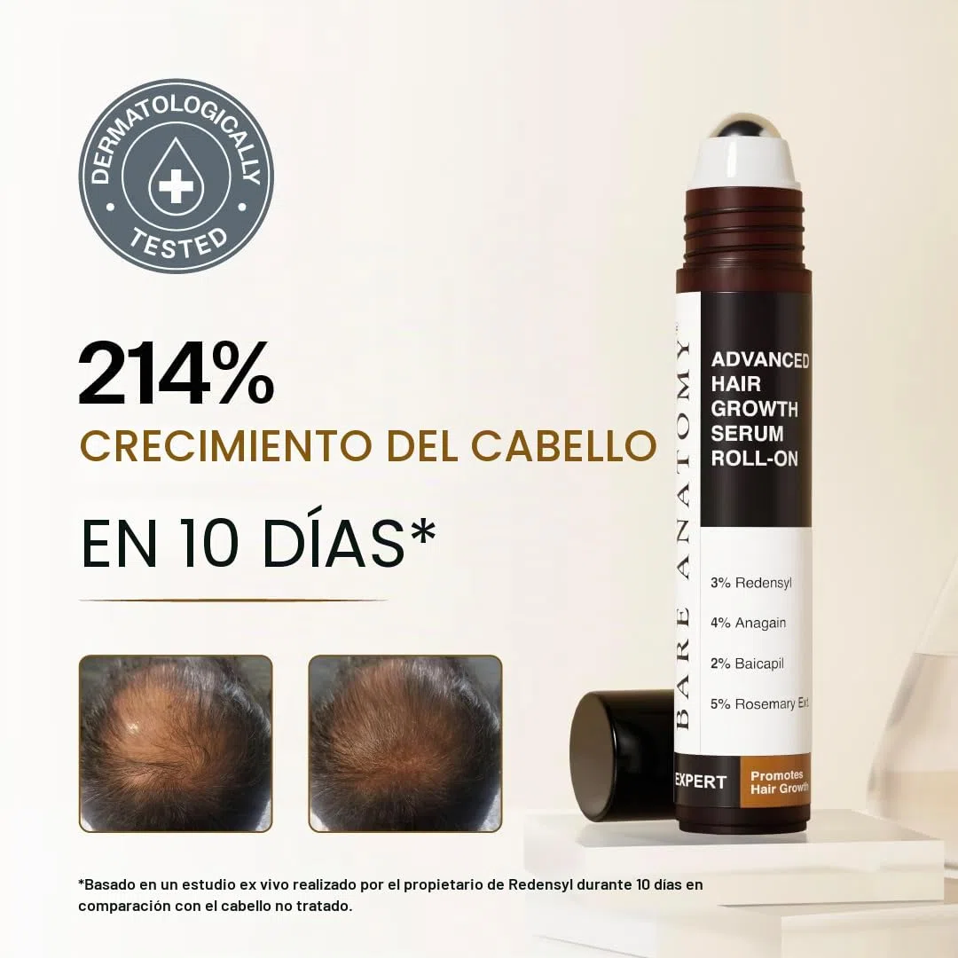 Bare Anatomy Advanced suero para el crecimiento del cabello Roll-On | 3% redensyl + 4% anagain + 2% Baicapil + 5% romero, agua de arroz, biotina y palma enana americana | 25 ml