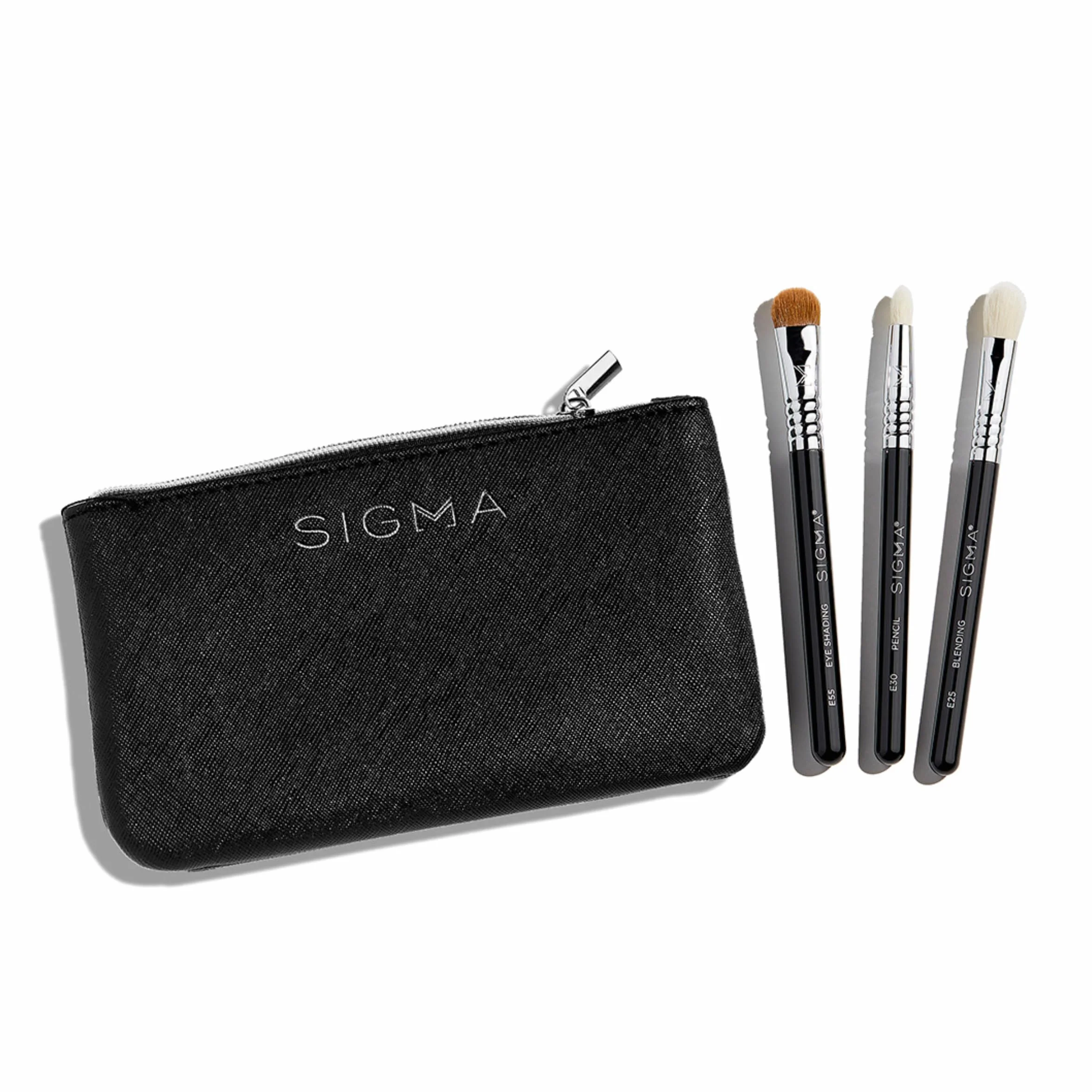 Sigma Beauty Glam 'N Glow - Juego de 3 pinceles para ojos, sombrear, doblar y difuminar, elegante estuche negro (4 piezas)
