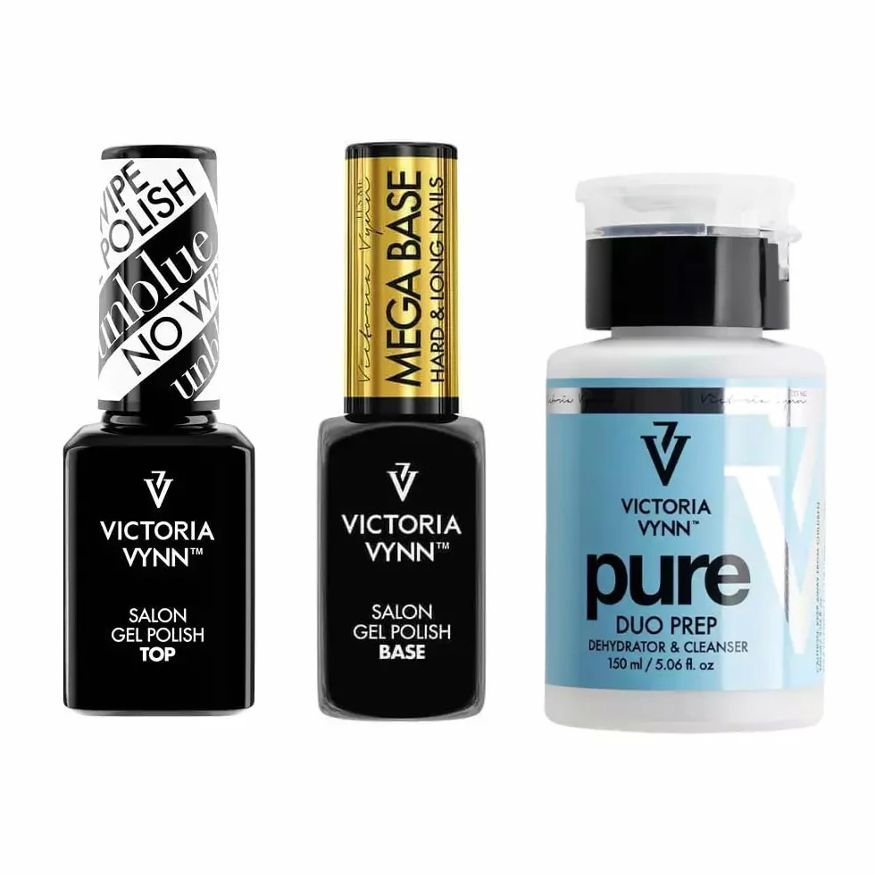 Victoria Vynn Gel Polish Set Top Unblue No Wipe 15 ml, Mega Base Clear 8 ml y Pure Duo Prep Botella vacía 150 ml – Kit de manicura profesional
